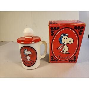 1969 Vintage Avon Red Baron Snoopy Ace Liquid Soap Bottle Milk Glass Unused
